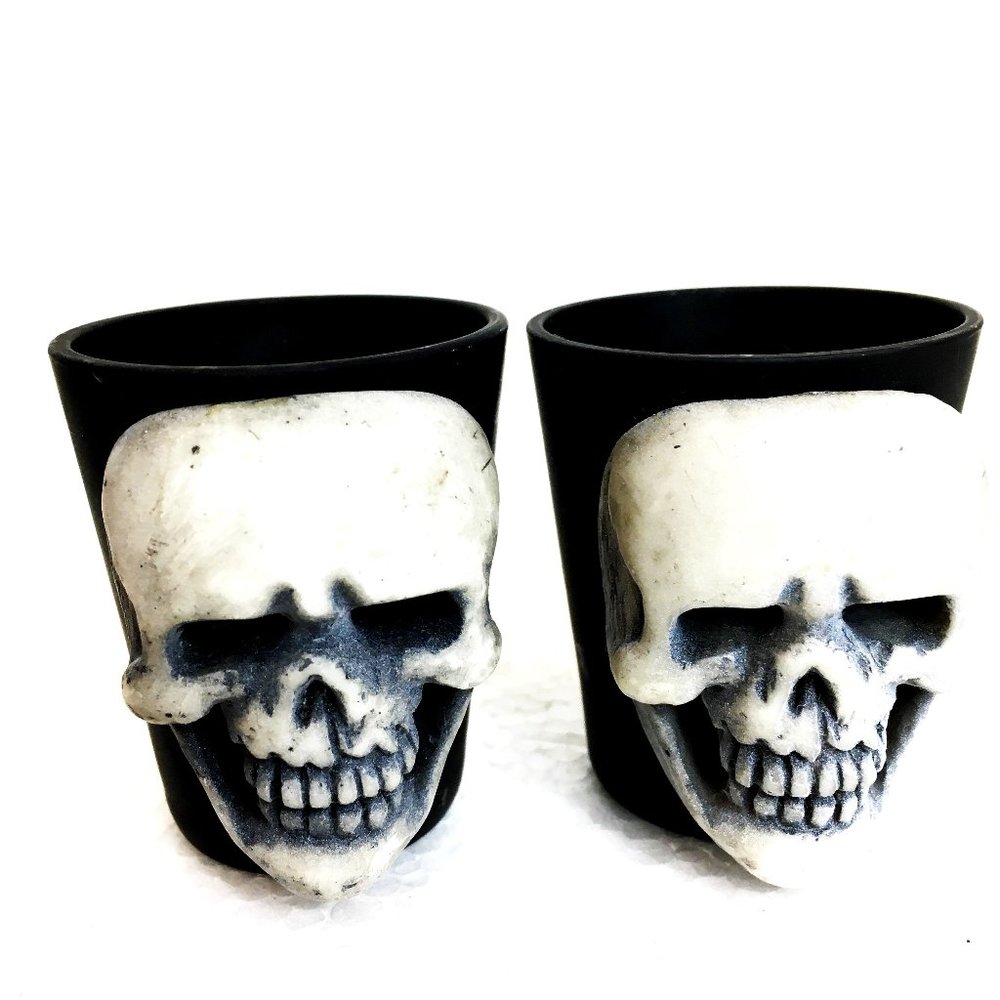 Skull Black with 3 D White Skull Shot Glasses Set of Two NOS